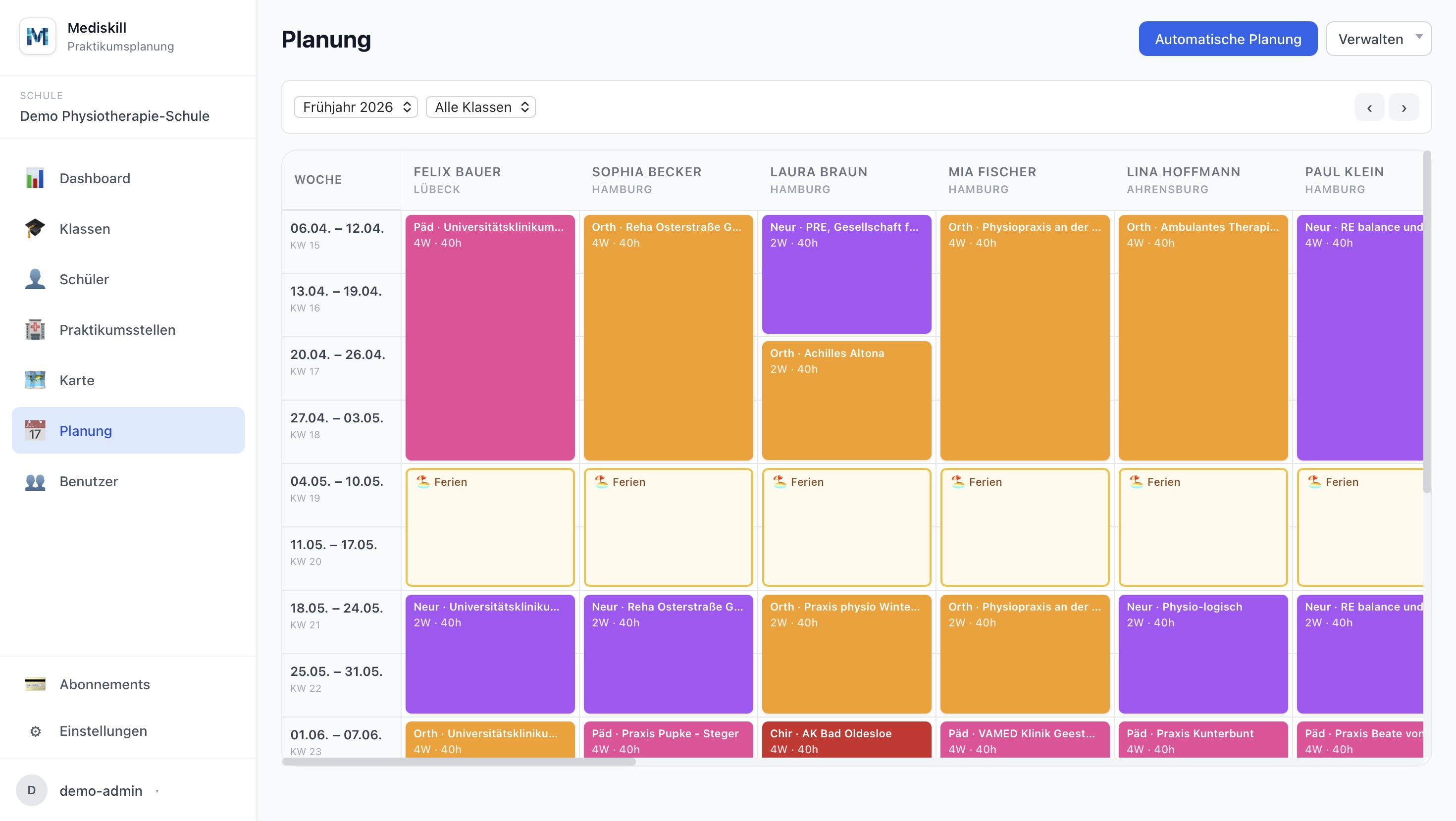 Mediskill Planungsansicht – Praktikumsplanung für alle Schüler auf einen Blick